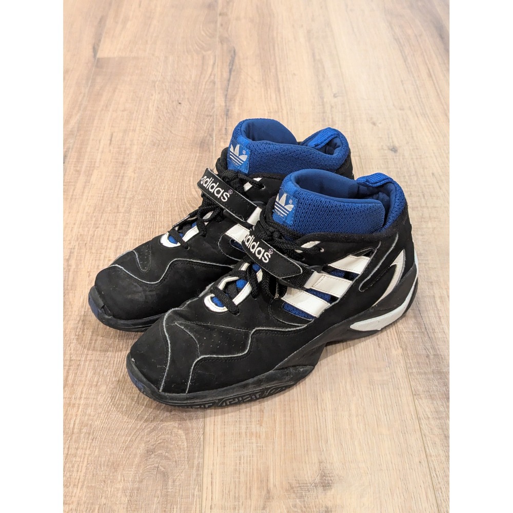 Vintage 1994 Adidas Aggressor Mid Basketball Shoes Black Blue White Mens 10